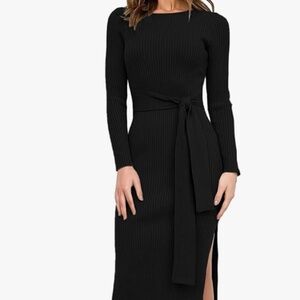 Sweater Dress Long Sleeve Crewneck Tie Waist Slim Rib Knit Slit Bodycon Midi Dre